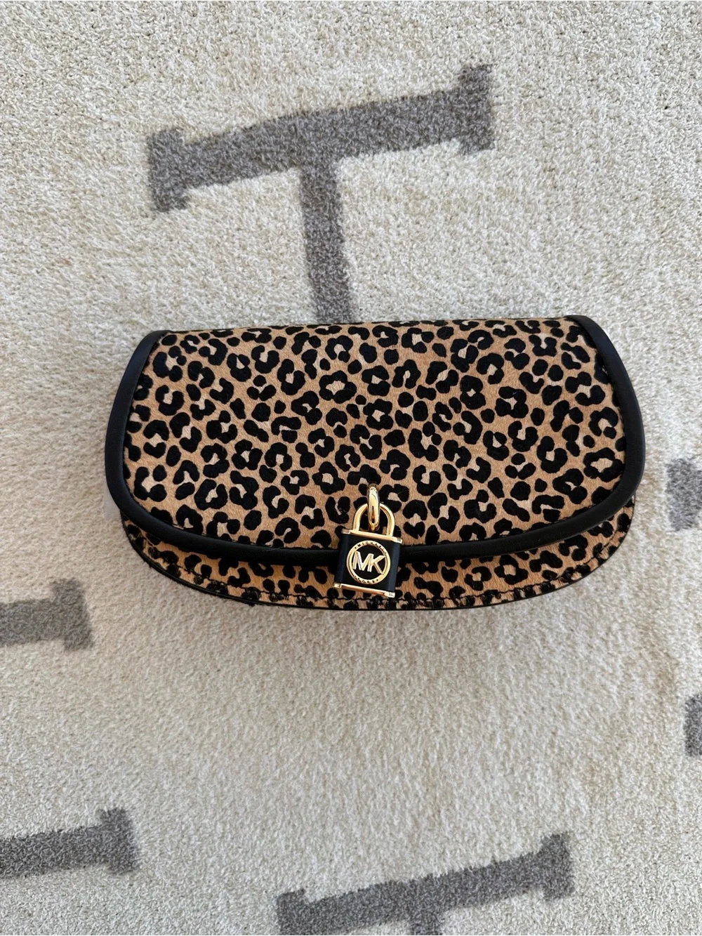 Michael Kors Leopard Print Crossbody in Tan and Black with Gold Lock
